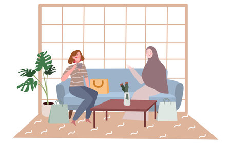 two women chat talk hold cup drink sitting sofa shopping bag in waiting room with flat cartoon style design illustrationのイラスト素材