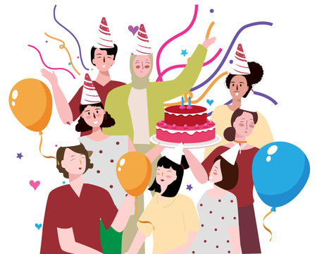 people female male party celebration birthday cheerful cake ribbon balloon rousing with flat cartoon styleのイラスト素材