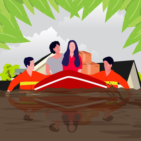 flooding disaster concept rescuer help women on boat through water with flat cartoon styleのイラスト素材