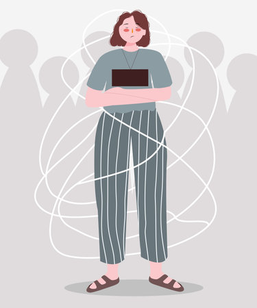 women standing necklace black board scribbles around bullying labeling concept with flat cartoon styleのイラスト素材