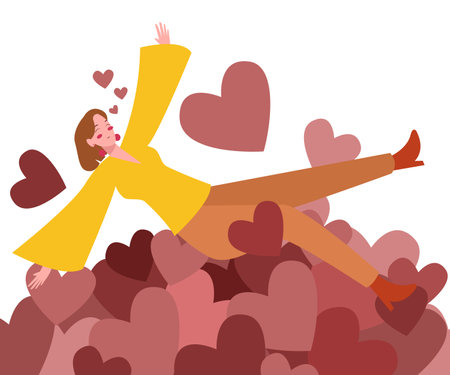 women happy lay down on heart love symbol with flat styleのイラスト素材