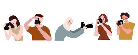 photographer set collection in action hold camera take picture with flat cartoon styleのイラスト素材