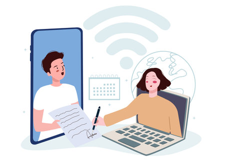 digital sign concept man on smartphone screen ask signature document paper to woman on laptop screen with flat cartoon styleのイラスト素材