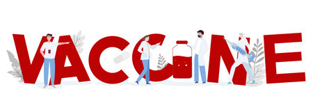 vaccine typography red font color around paramedic with flat cartoon styleのイラスト素材