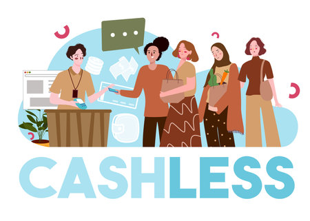 cashless payment concept women hold shopping bag pay use app smartphone in cashier counter with flat cartoon styleのイラスト素材
