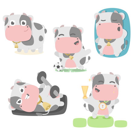 cow character set collection mascot cute animal soccer gym run winner with flat cartoon styleのイラスト素材