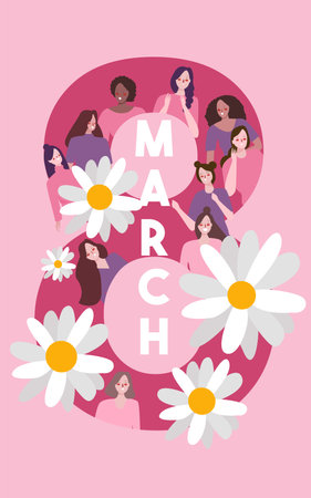 woman day concept women of different ethnic smile around number eight blossom flower with flat cartoon styleのイラスト素材
