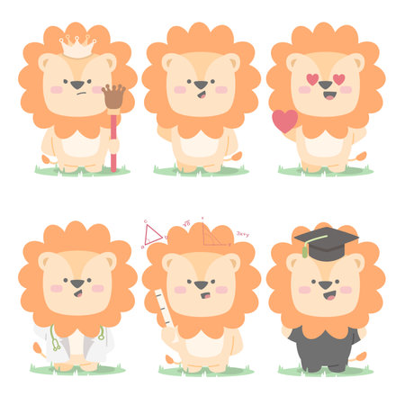 lion character set collection mascot cute animal king in love doctor teacher graduate with flat cartoon styleのイラスト素材