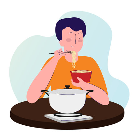 men eat noodles use chopstick on table with cartoon flat styleのイラスト素材