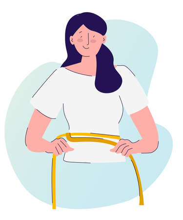 diet concept women measuring waist use measure tape with cartoon flat styleのイラスト素材