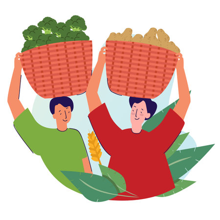 two farmer bring basket vegetable harvested on head with cartoon style vector design illustrationのイラスト素材