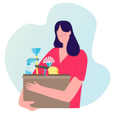 women hold box containing cleaning tools with cartoon flat styleのイラスト素材