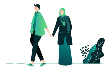 islamic couple young man and woman walking on park white isolated background with cartoon flat styleのイラスト素材