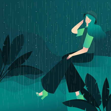 beautiful girl enjoy in rain night with cartoon flat styleのイラスト素材