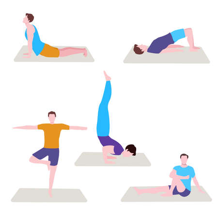 man yoga pose set collection with flat cartoon styleのイラスト素材