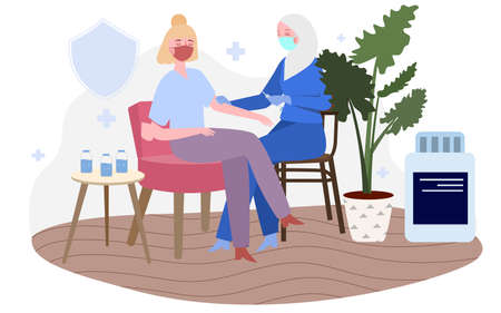 nurse give vaccine to women with flat cartoon styleのイラスト素材