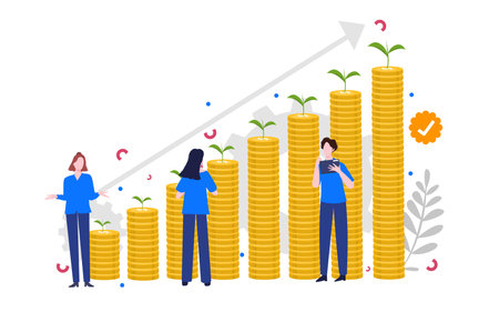 financial health concept man and woman collaboration analysis growth chart coin money dollar currency with cartoon flat styleのイラスト素材