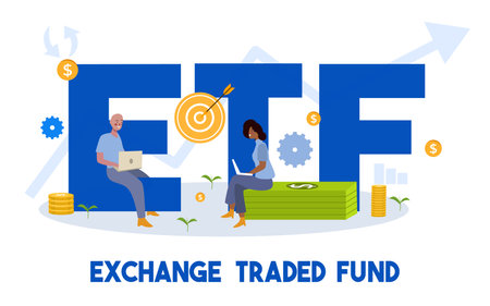 exchange traded fund concept man and woman working on laptop sit on money dollar currency ETF word around target gear coin icon with cartoon flat styleのイラスト素材