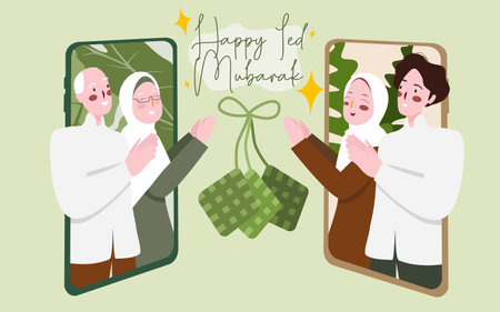 happy ied mubarak concept people use video call apps smartphone with cartoon flat styleのイラスト素材