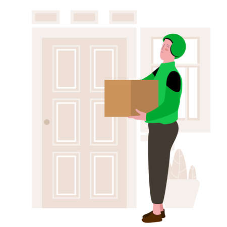 driver of instant delivery using green helm is handling the package and standing in front of the doorのイラスト素材