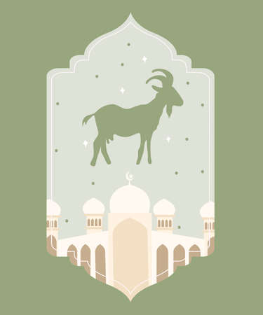 an idul adha card which green color in the middle are the white mosque and sheep with the white background cartoon vector illustrationのイラスト素材