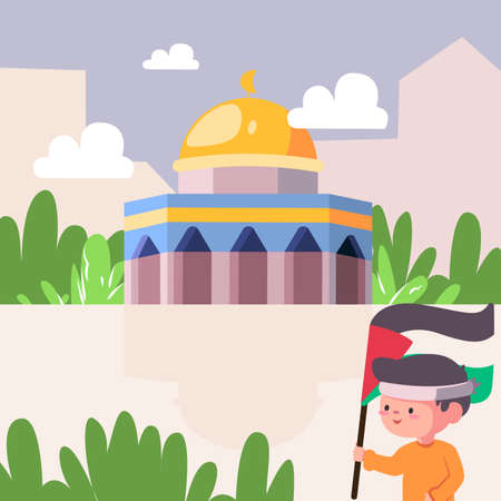 a patriotic child with free palestine flag that colored green red black and white, aqsa mosque with the dome, many trees and beautiful white cloudsのイラスト素材