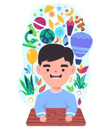 kids with the blue sweater learn imagine of sciences likes how balloon and plane can fly, how plant can grow, using microscope for researchのイラスト素材