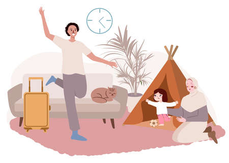 dad coming home with suitcase then play brown tent with his daughter , and wife, he looks likes happy, their cat sit in sofa in their living roomのイラスト素材