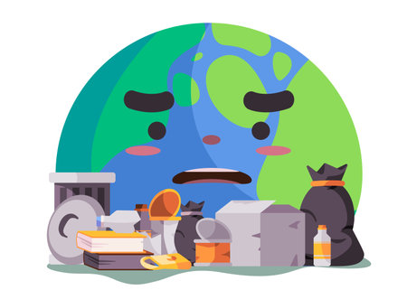 earth globe sad with dirty various trash bin garbage waste likes cans and bottleのイラスト素材