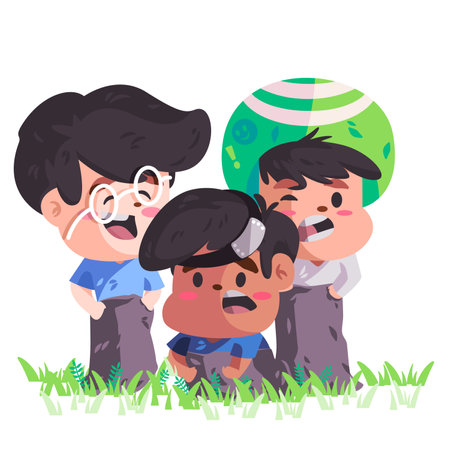 children boys and girls with patriotic sense in balap karung competition celebrate Indonesian independence day in august flat color isolated vector designのイラスト素材