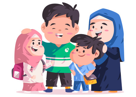Muslim Islam couple parents together with children with schoolbag go back to school in elementary primary happy family woman wearing scarf hijabのイラスト素材