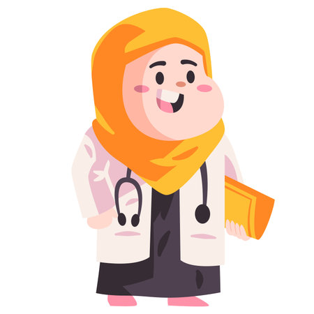 muslim doctor with white dress using stethoscopehold on medical record children girl play modern cartoon vector illustrationのイラスト素材