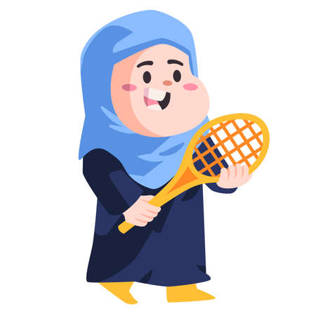 Muslim woman with blue hijabscarf playing badminton sport modern cartoon color isolated background vector illustrationのイラスト素材