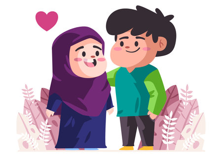couple with purple hijab and green shirt looks like happy and romantic cartoon flat color isolated background vector illustrationのイラスト素材