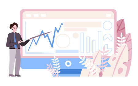 Man presenting chart resistance level which represents a price point that an asset has had trouble exceeding in the time periodのイラスト素材