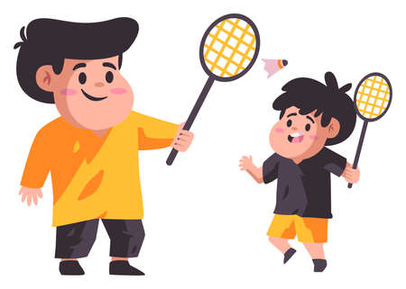 Father and his son is holding racket to play badminton together cartoon flat color isolated background vector illustrationのイラスト素材