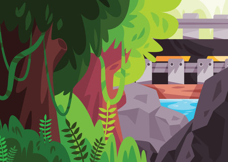 natural scenery green big trees and other plants lake with blue water with black big stones road side cartoon isolated background illustrationのイラスト素材