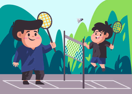 Father and son are holding racket playing badminton outdoor with green scenery modern cartoon flat color isolated background illustrationのイラスト素材