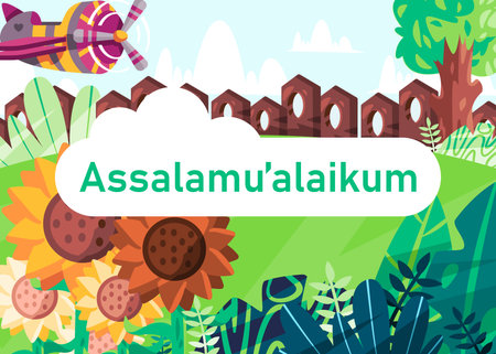 Assalamualaikum islam greetings graphic design template with picture of green landscape grass flower and plane for kids children roomのイラスト素材