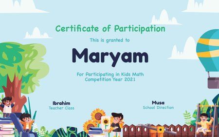 Certificate of participation student in school kids orange color badge design template with kids children illustration outdoor sky gardenのイラスト素材