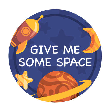 Give me some space round sticker tag signage illustration of sky planet rocket and star with blue background room privacyのイラスト素材