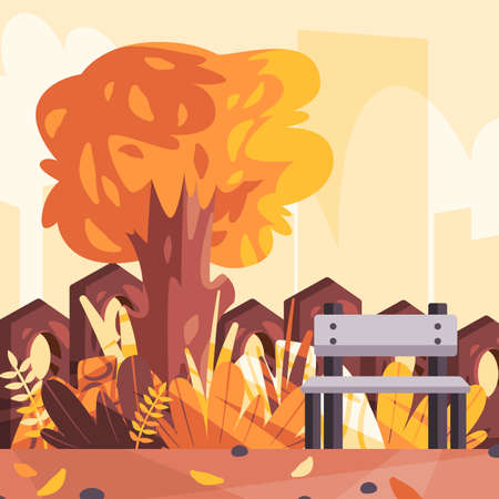 Yellow orange scene view of empty park with bench fall season weather outdoor illustration with sky viewのイラスト素材
