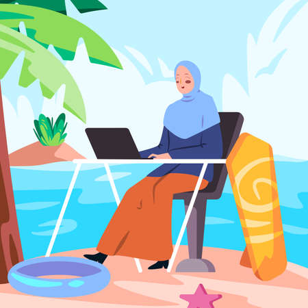 woman remote working outdoor freelance freelancer in beach ocean sea side work on laptop online wearing veilのイラスト素材