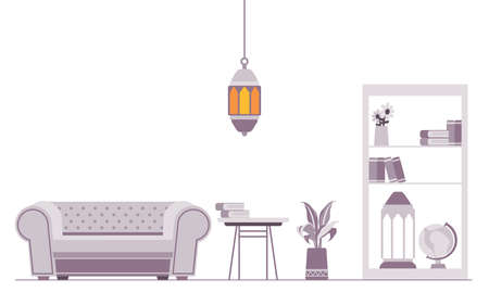 Interior home illustration living room empty sofa chair in white grey color lantern chandelier islam ramadhan symbol celebrationのイラスト素材