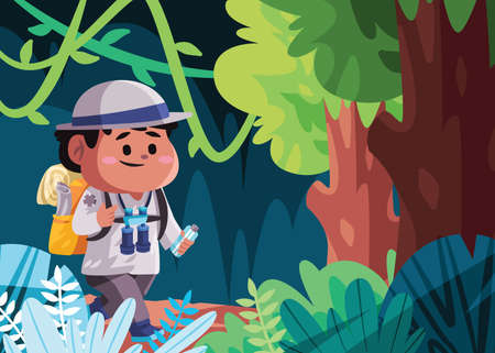 Boys children walking in forest wild jungle wearing hat bag binocular outdoor trecking activity summer drawing illustration cartoonのイラスト素材