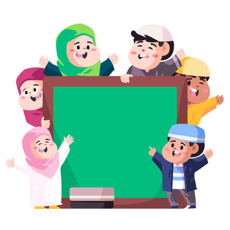 muslim Islam kids welcome back to schooltemplate green chalkboard welcoming greetingのイラスト素材