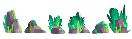 stone rock and plant bushes shrub vector illustration collection set for game asset green graphic elementのイラスト素材