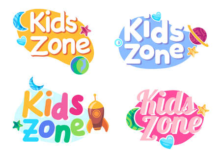Kids zone play room area sign label banner for playground in colorful style childrenのイラスト素材