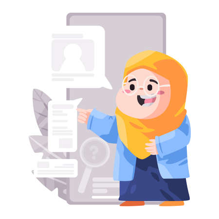 Cartoon of woman girl wearing hijab veil scarf presenting explain in front of large screen smart phone talk chat social mediaのイラスト素材