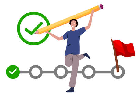 Check list to get success milestone ticked checked mark man holding a pencil explain what you do before success modern cartoon flat colorのイラスト素材